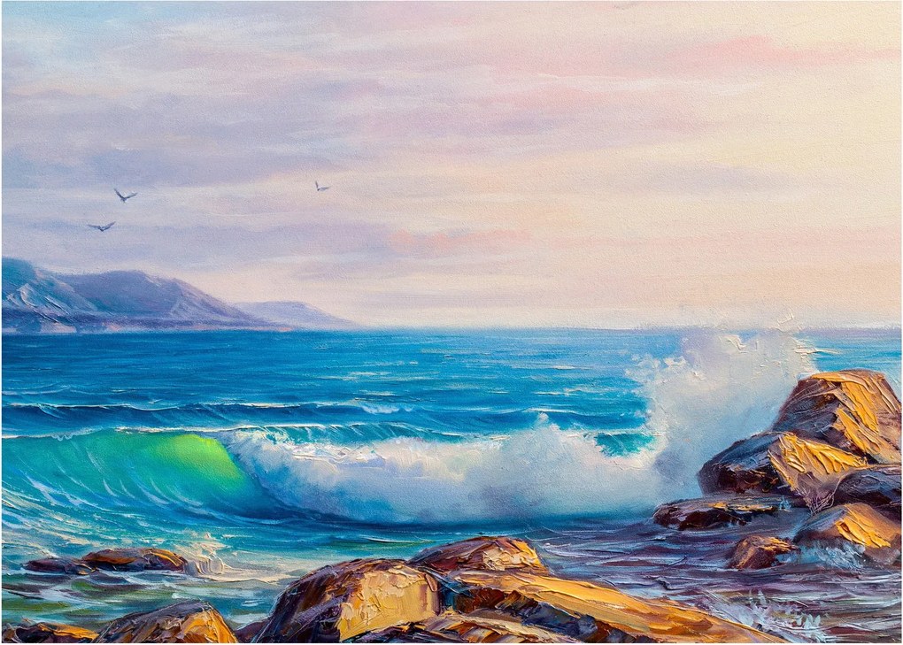 Obraz fal uderzających w klify, obraz olejny (70x50 cm)