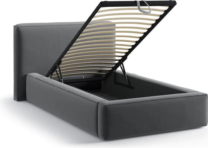 Szare tapicerowane łóżko jednoosobowe ze schowkiem ze stelażem 90x200 cm Jodie – Micadoni