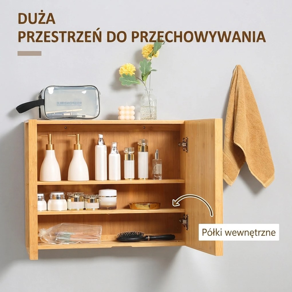 kleankin Szafka Łazienkowa z Drzwiami Lustrzanymi, Wiele Przegródek, Solidna Obudowa z Bambusa, 65,2 x 14 x 50 cm