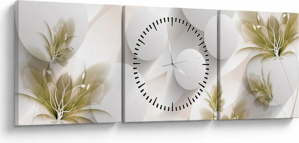 Obraz - 3D koła z kwiatami (z zegarem) (90x30 cm)