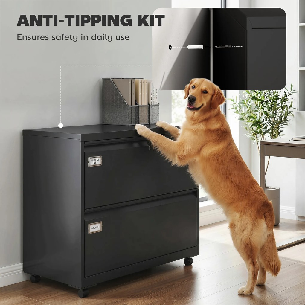 HOMCOM Szafka na dokumenty z 2 szufladami, zamykana, z regulowanym systemem zawieszek na teczki, 90 x 40 x 77,4 cm, czarna | Aosom PL