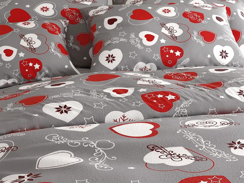 PrzytulneMieszkanie.pl PrzytulneMieszkanie.pl PrzytulneMieszkanie.pl Zestaw 2 szt. pościeli z mikropluszu CHRISTMAS HEART szare + prześcieradło z mikropluszu SOFT 180x200 cm białe, łóżko podwójne