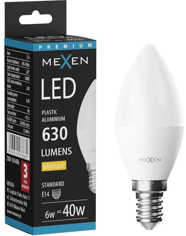 Mexen Nova żarówka LED E14, C37, 6W, Ciepła - 3000K, 630 lm - L102-E14-0630-01