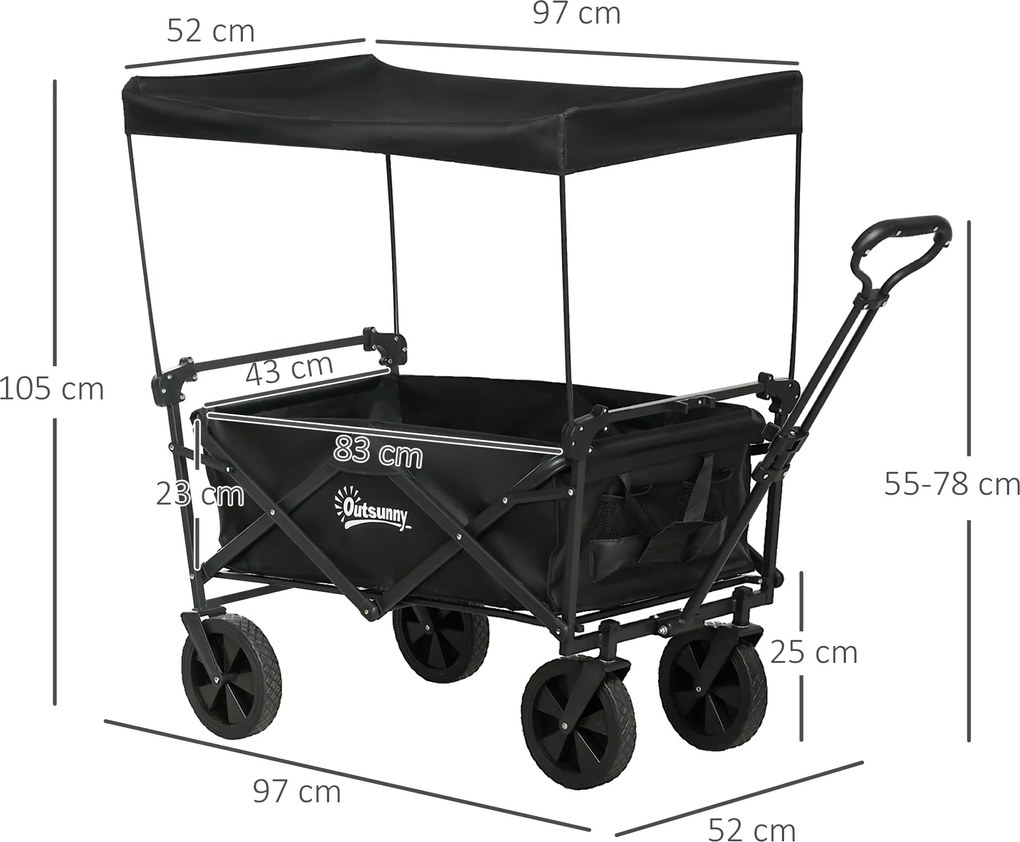 Outsunny Wózek Składany z Dachem, Wózek Transportowy z Uchwytem, Wózek Ogrodowy z Torbą, Wytrzymałość do 100 kg, Oxford, Czarny