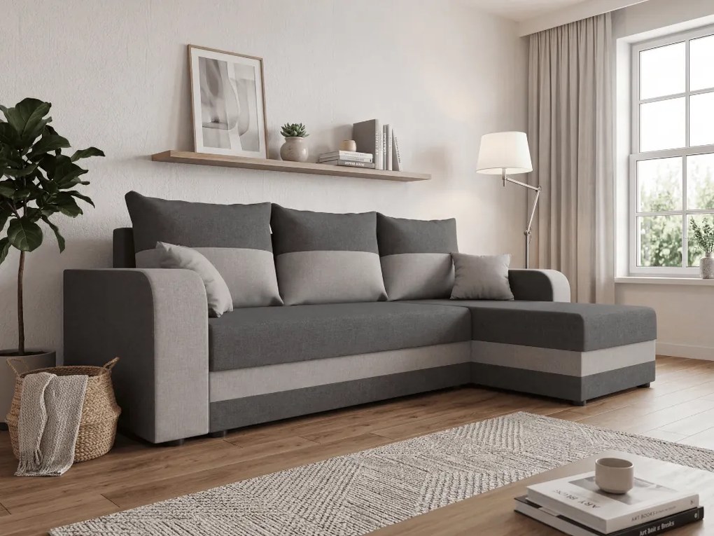 Rozkładany dwustronny zestaw wypoczynkowy w kształcie litery L VALERIO 238x140 cm, ciemnoszary/jasnoszary + 2 poduszki GRATIS