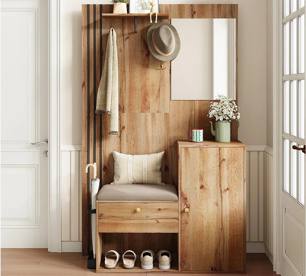 Zestaw wieszakowy do przedpokoju 115x37x185 cm - z lustrem i hakami - z tapicerowanym siedziskiem - Wieszak na parasole - Naturalny