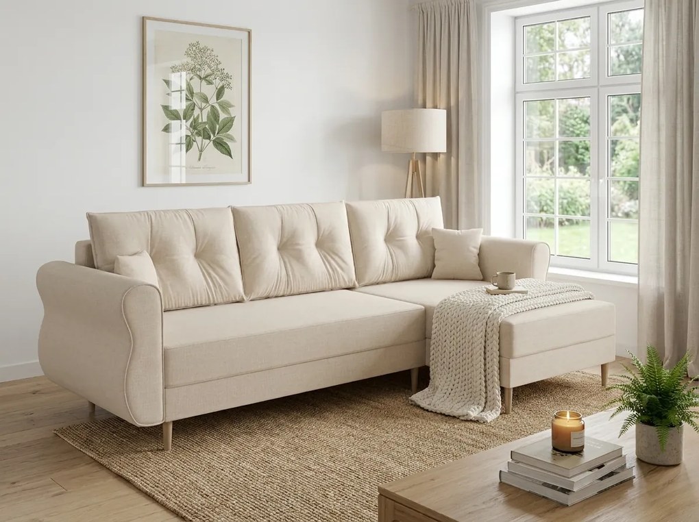 Rozkładana narożna sofa SILVIANO 230x140 cm, kremowa, uniwersalna