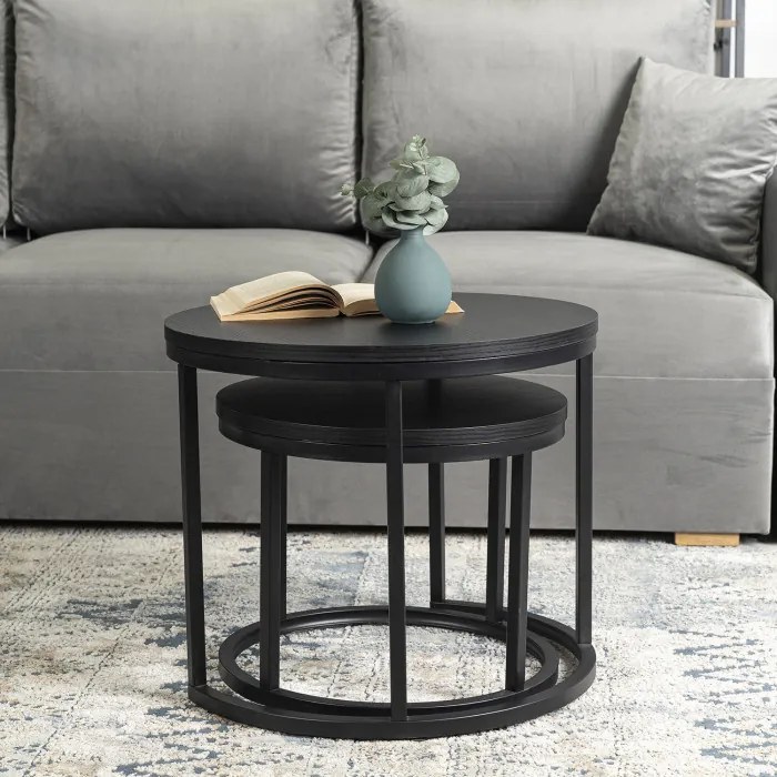 Zestaw Stolików Kawowych MANU 43 cm/53 cm Czarny Nowoczesny Loft
