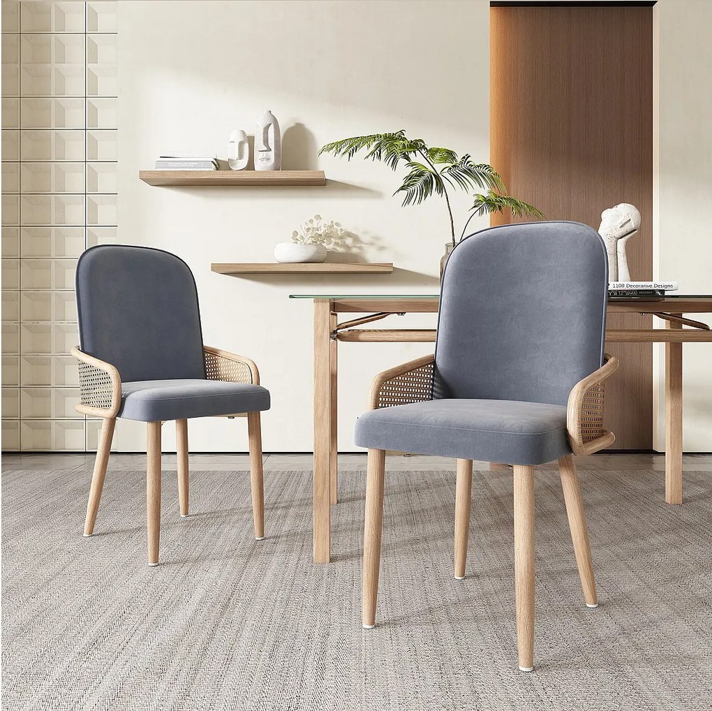 Zestaw 2 krzeseł do jadalni z aksamitu - 45 x 43 x 90 cm - wzór rattanowy - z 4 metalowymi nogami - szary