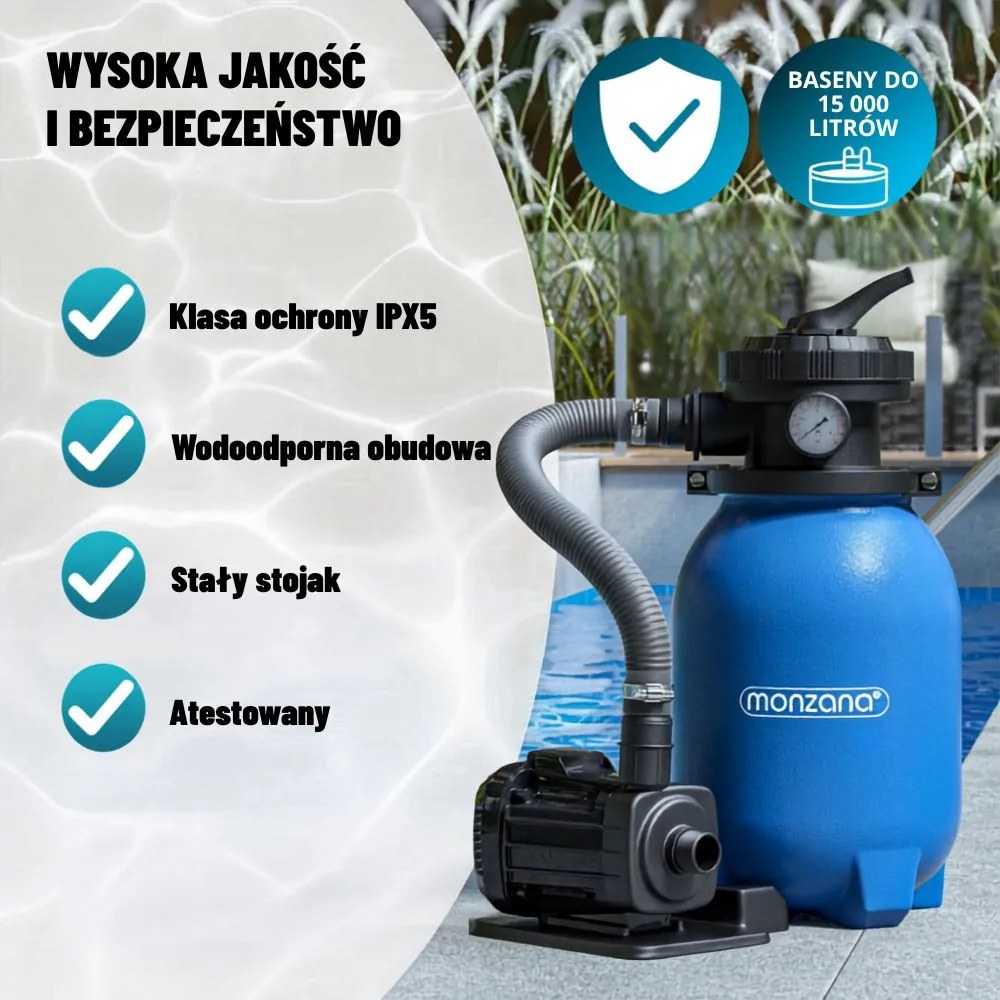 Filtr piaskowy do basenu AQUA z kulami filtrującymi 5 000 l/h, niebieska Monzana