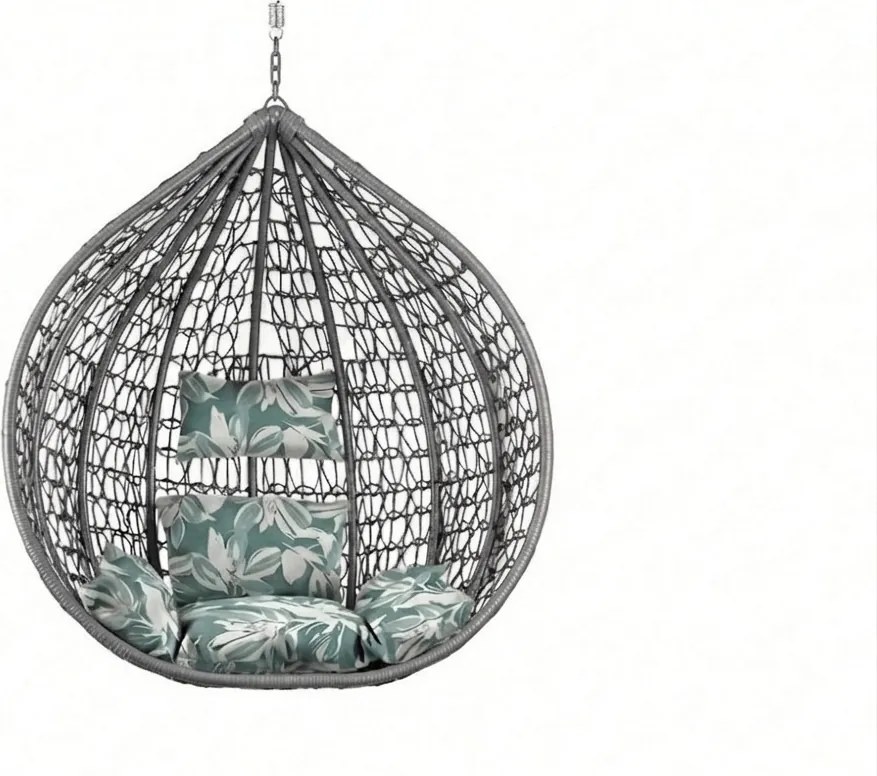 Szare wiszące krzesło KOKON bez stojaka, zielono-biała poduszka