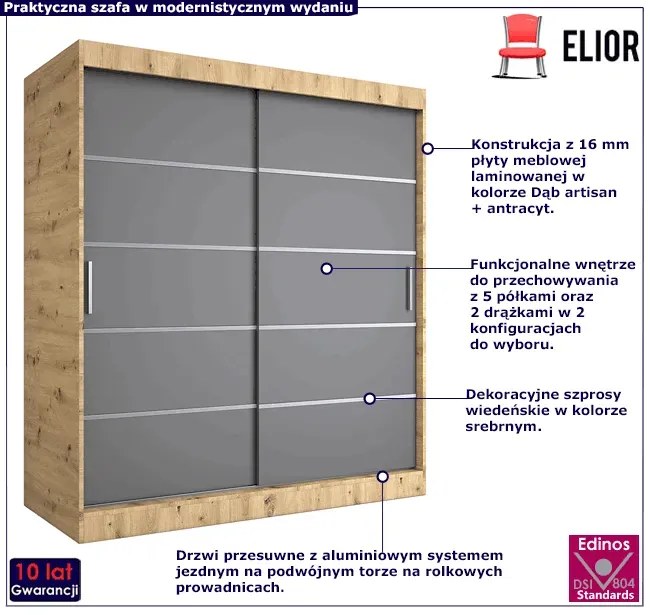 Szafa przesuwna dąb artisan + antracyt 180 cm - Bohosa 5X