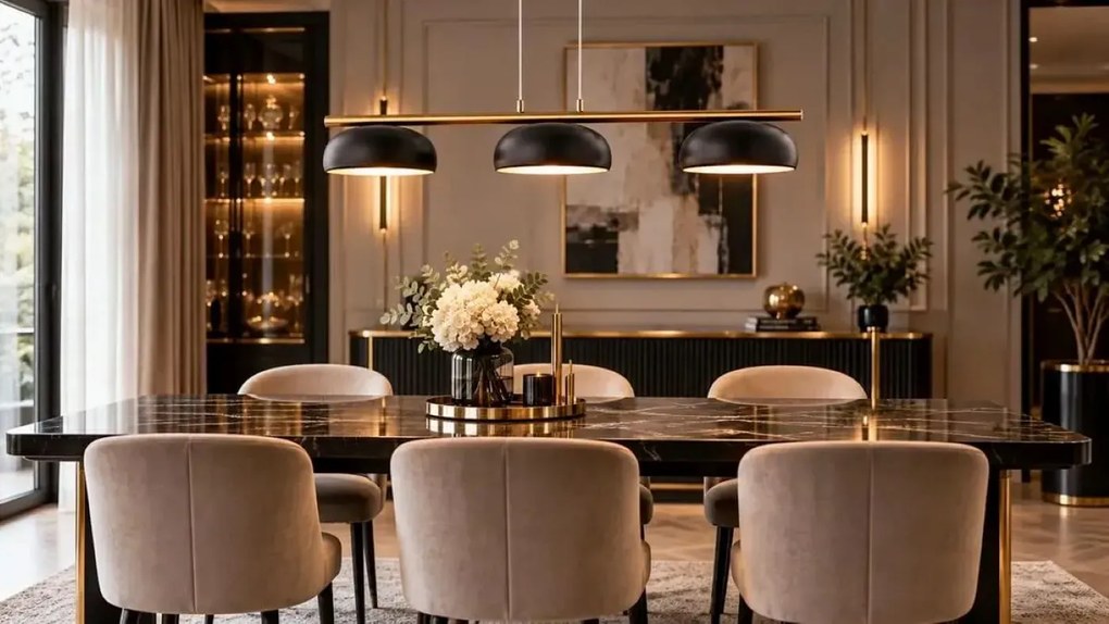 Olaf 3 złoto czarna podłużna lampa wisząc nad stół, trzy klosze, styl glamour