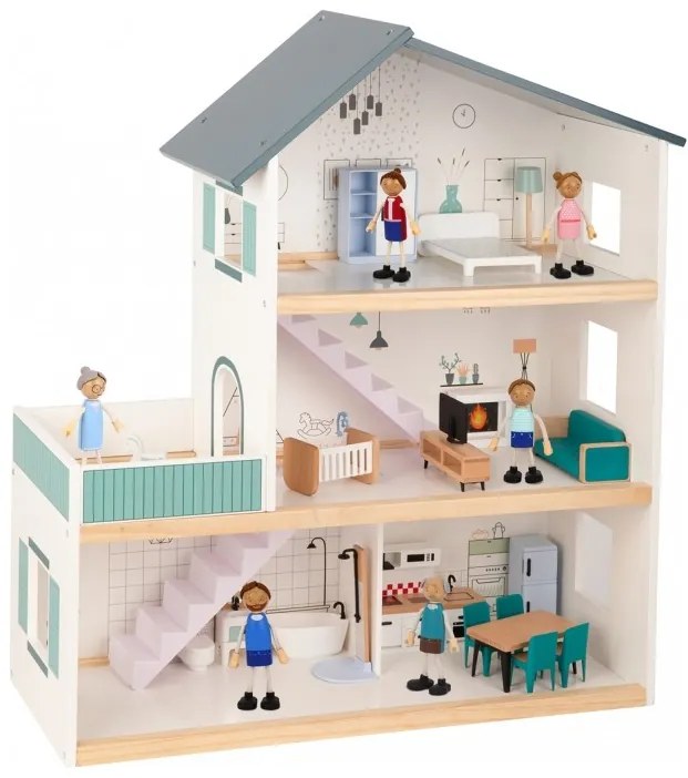 Tooky toy duży drewniany domek dla lalek + figurki fsc