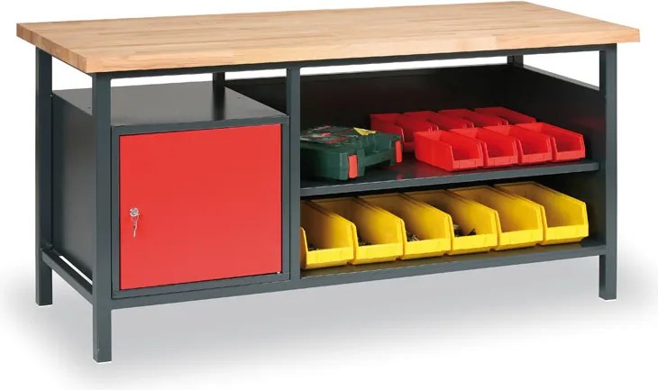 Warsztatowy stół roboczy GD, bukowa deska warstwowa, 1 szafka, 1 półka, 1700 x 685 x 850 mm, grafitowy / czerwony