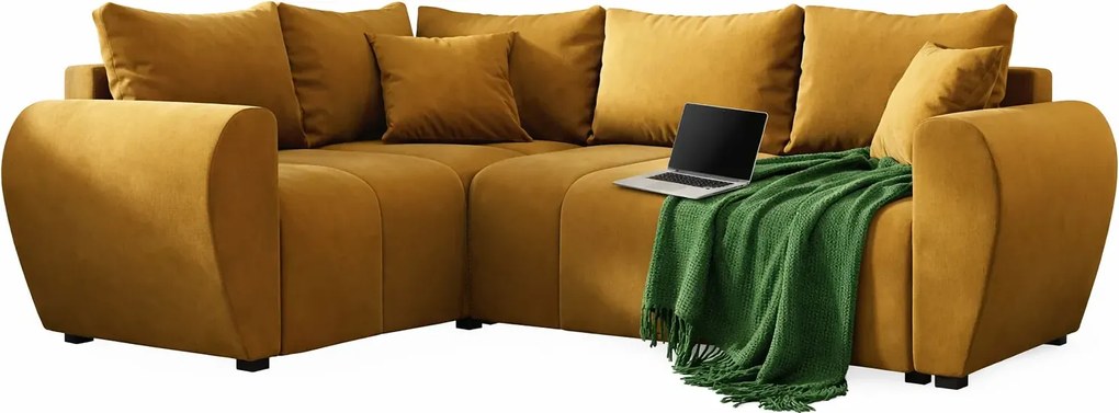 Musztardowy welurowy narożnik z funkcją spania E8-N79