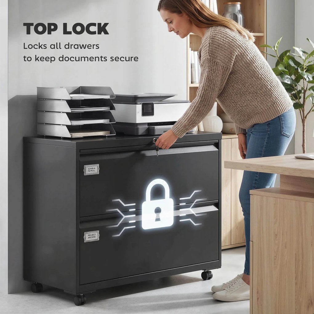 HOMCOM Szafka na dokumenty z 2 szufladami, zamykana, z regulowanym systemem zawieszek na teczki, 90 x 40 x 77,4 cm, czarna | Aosom PL