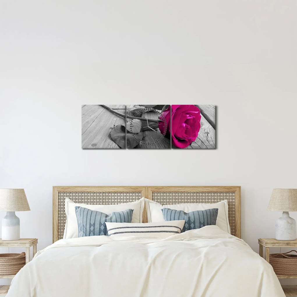Obraz - Różowa róża (z zegarem) (90x30 cm)
