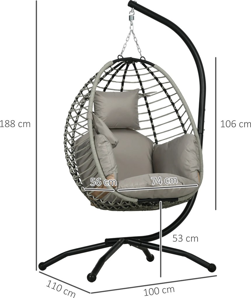 Outsunny Wiszący fotel, Poduszki siedziska i oparcia, Składany koszyk, Uchwyt na kubek, Metalowa rama, Szary