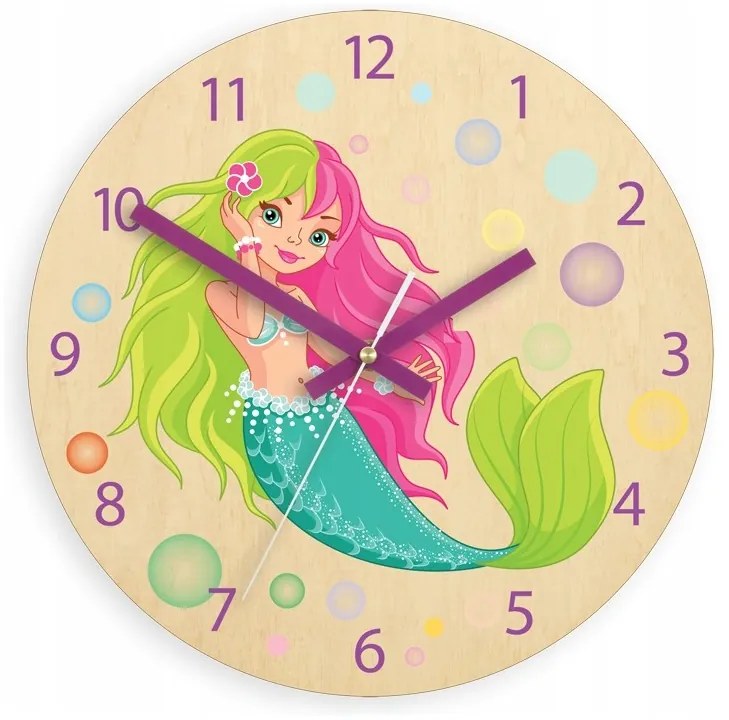 Zegar na ścianę cichy do pokoju dziecięcego drewniany nowoczesny syrenka