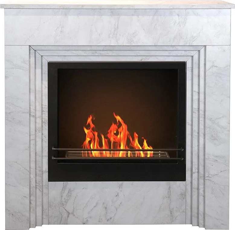 Biokominek stojący BELLINI z drewna imitującego biały marmur, wyprodukowany we Włoszech, dł. 96 x gł. 35 x wys. 96 cm