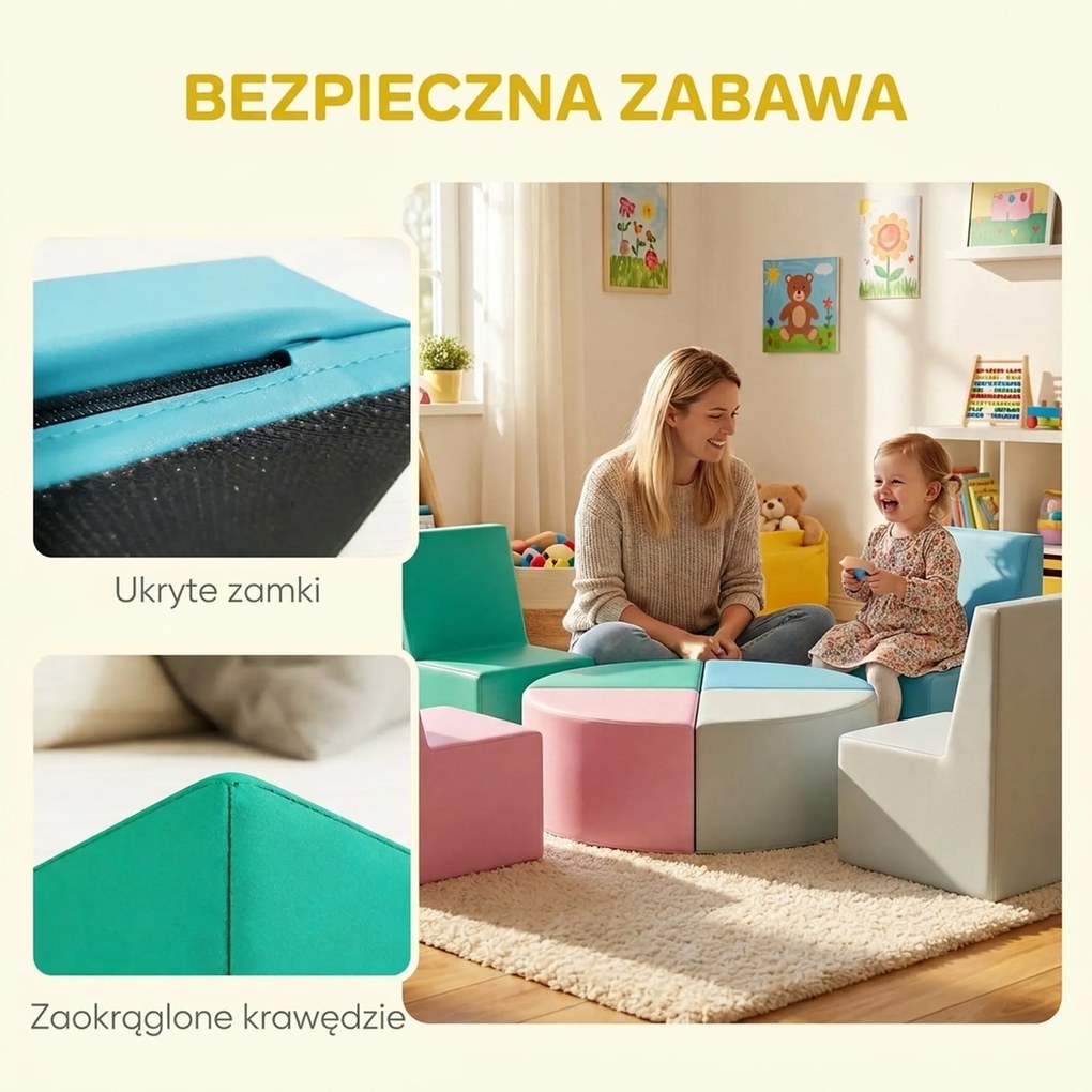 AIYAPLAY 8-częściowy zestaw klocków z pianki dla dzieci z funkcją stolika i siedzisk, miękkie klocki z materiału PU, wielokolorowe | Aosom PL