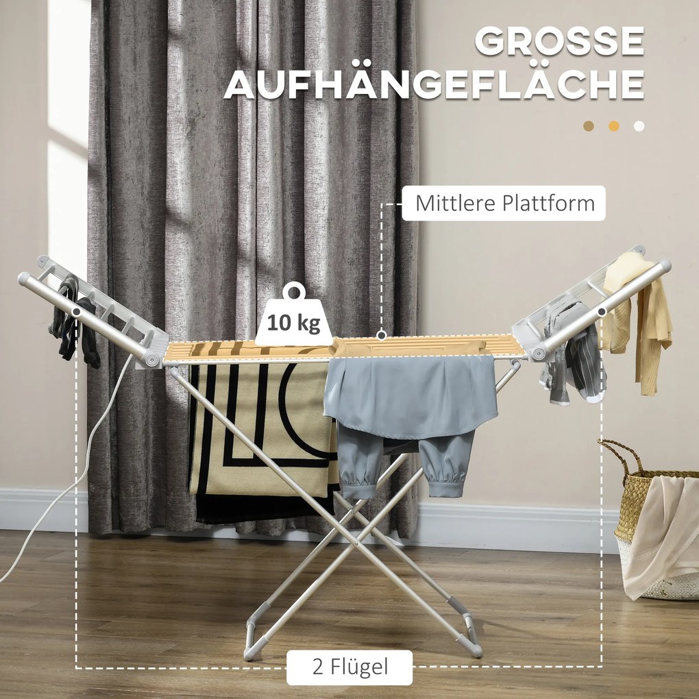 HOMCOM Suszarka do Ubrań z Funkcją Ogrzewania, 45-55 ℃, Składana, 144Dł. x 53Sz. x 96Wys. cm