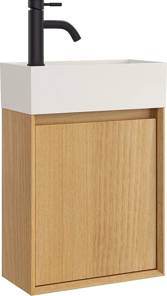 Wisząca szafka z umywalką do łazienki, umywalka z żywicy w kolorze białym mat i bateria – Jasny naturalny – 40 x 25,5 x 57 cm – SOREL