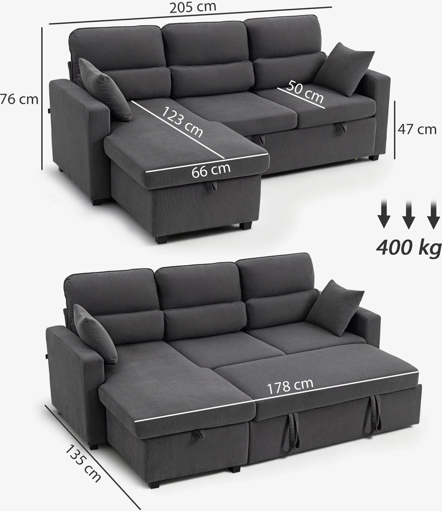 HOMCOM Regulowana sofa rozkładana w kształcie L, narożna sofa dla gości z funkcją łóżka, schowkiem, poduszkami, do salonu, pokoju gościnnego, szara