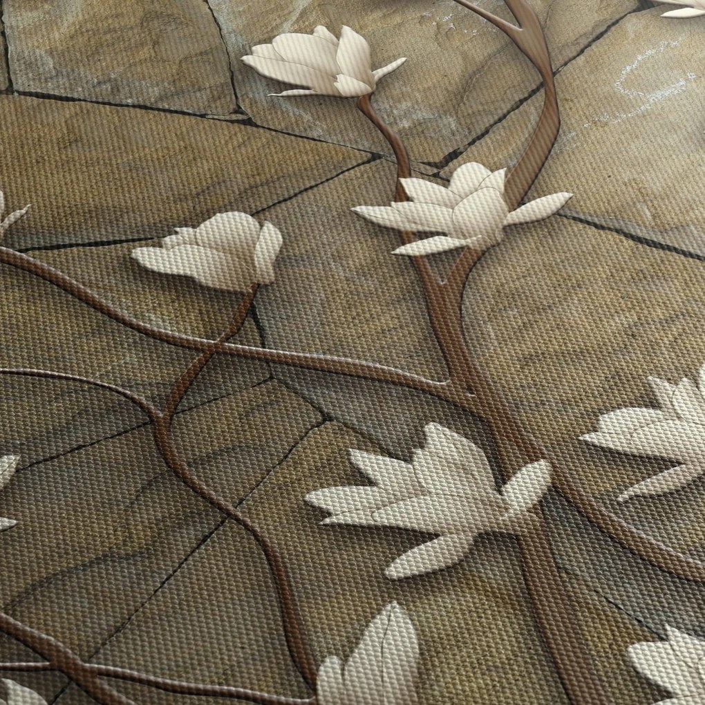 Obraz - Białe magnolie na murze kamiennym (70x50 cm)