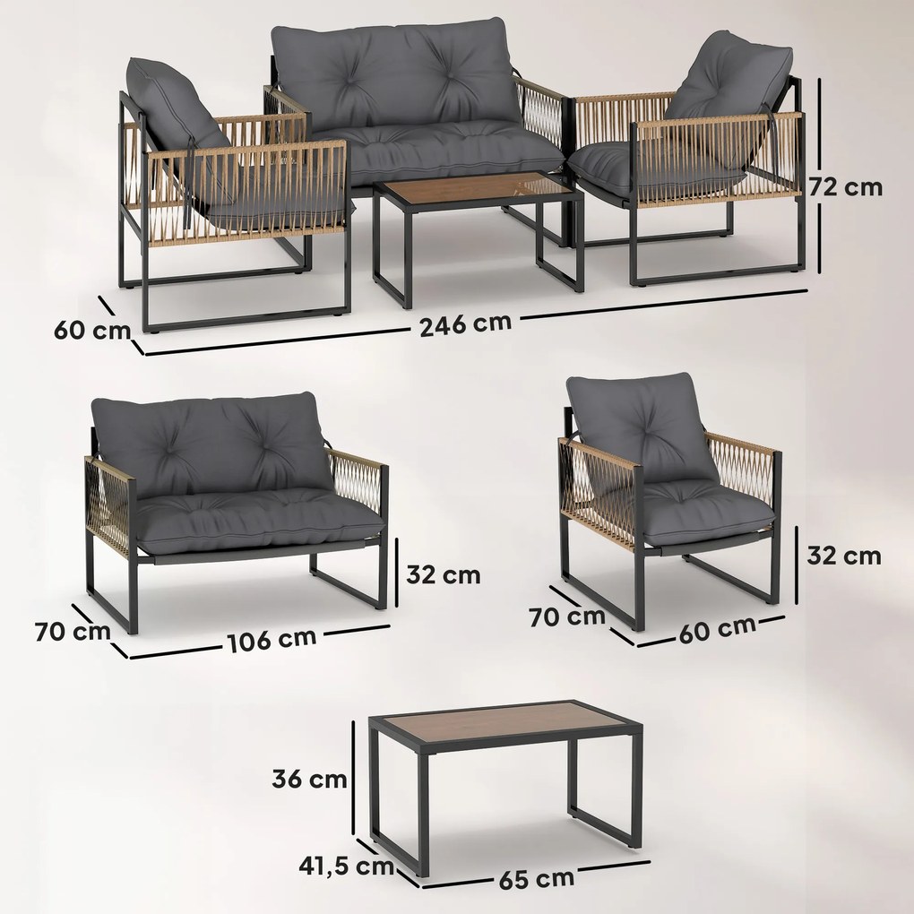 Outsunny Zestaw mebli ogrodowych, 4-elementowy, Sofa, 2 Krzesła, Stolik z blatem szklanym, Konstrukcja metalowa, Polyrattan, Antracyt