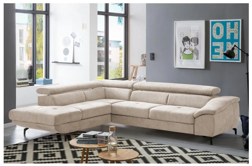 Narożnik rozkładany BRESCIA w układzie L, lewy, z pojemnikiem na pościel, beżowy