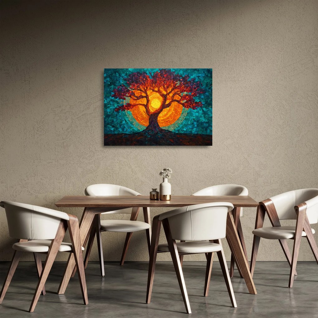 Obraz na szkle - Drzewo życia i słońce w mozaice (70x50 cm)