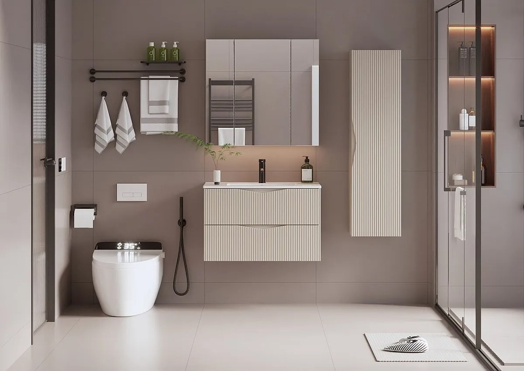 Szafka pod Umywalkę 80cm 2 Szuflady Ryflowane Fronty Beż Piaskowy Cleo