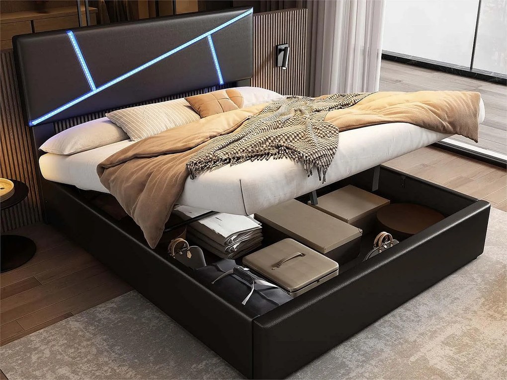 Łóżko z pojemnikiem 140x200cm z ekoskóry - z LED i stelażem na listwy - Czarne