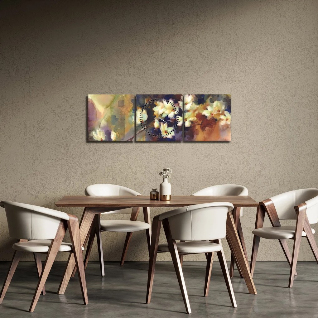 Obraz - Białe magnolie, malarstwo (z zegarem) (90x30 cm)