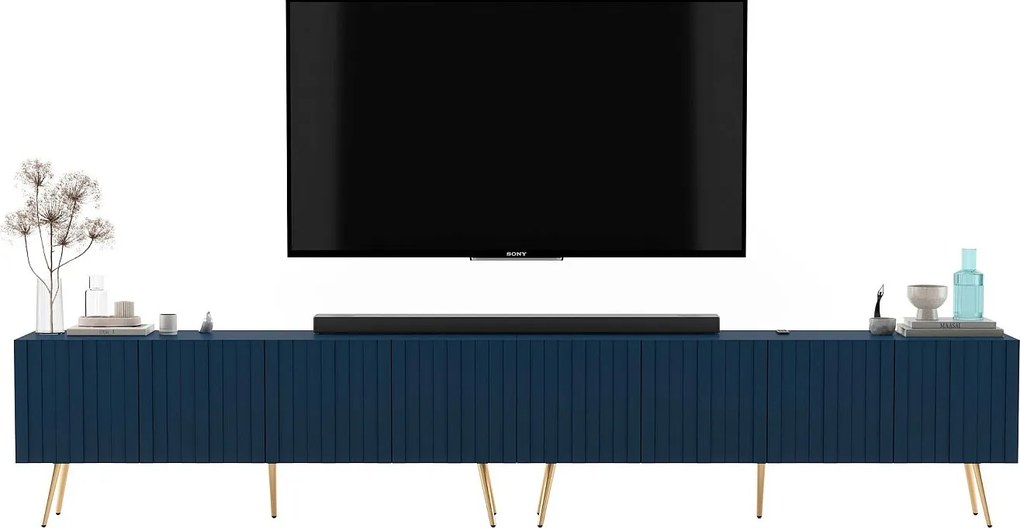 Szafka RTV z 8 drzwiczkami - Korpus granatowy mat, ryflowane fronty granatowy mat - 300 cm, złote nóżki