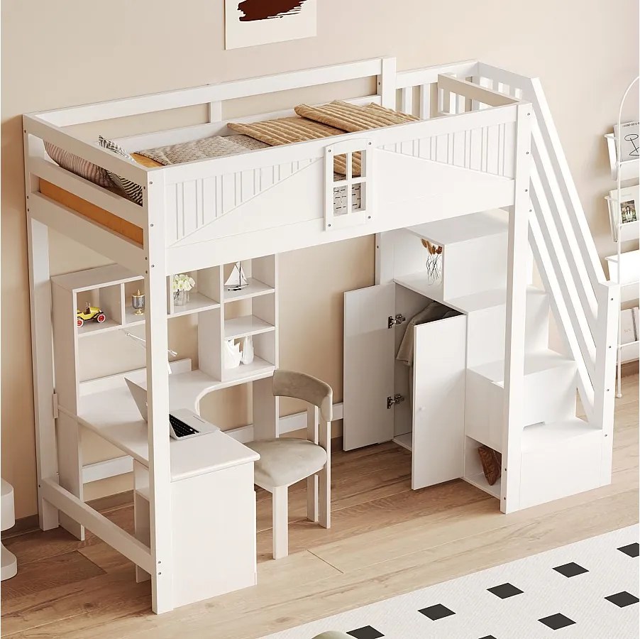 Łóżko piętrowe dla dzieci - 90 x 200 cm - ze schodami do przechowywania + okno + szafa - drewno + płyta MDF - białe