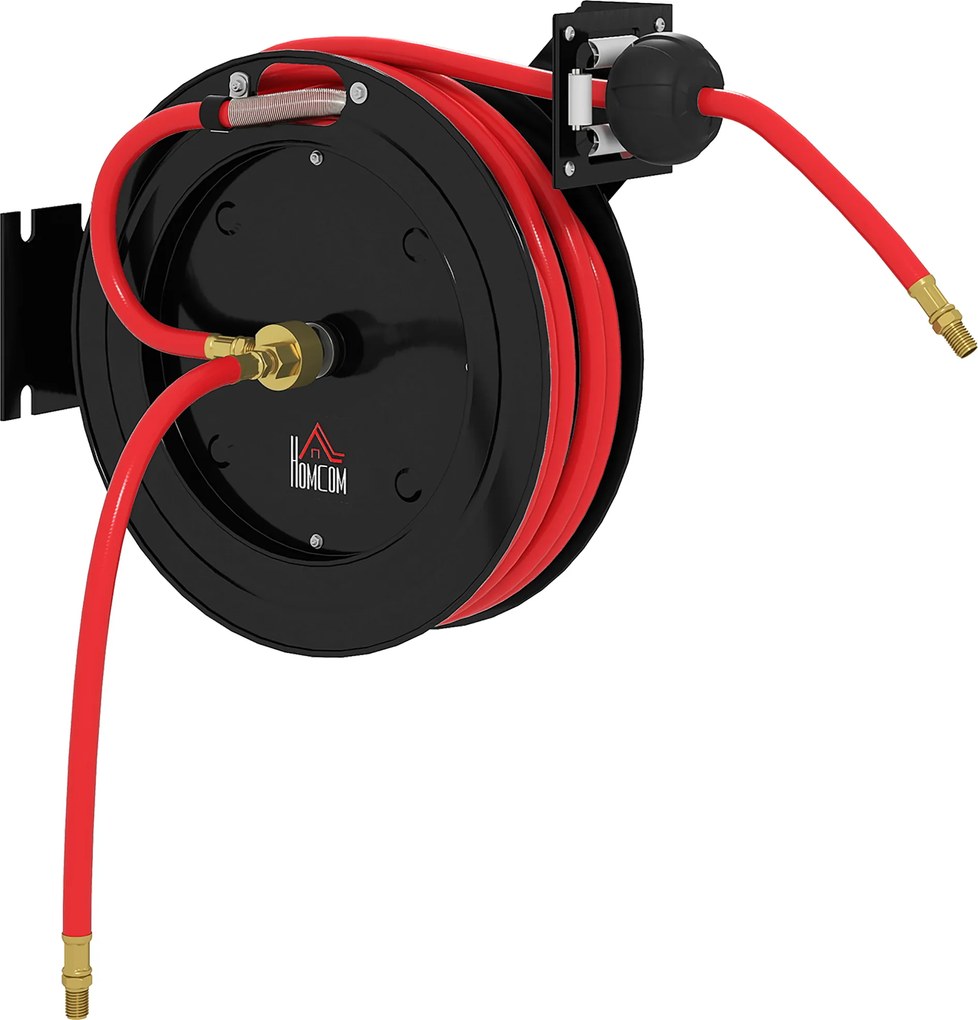 HOMCOM Bęben na wąż ogrodowy montowany na ścianie, automatyczne zwijanie, 20 bar ciśnienia wody, 15+1 m wąż wodny, metalowy