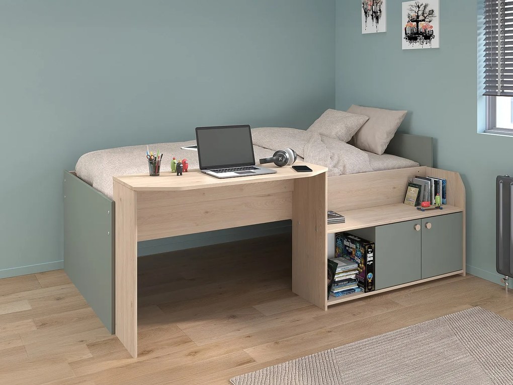 Łóżko piętrowe 90 x 190/200 cm - Naturalny i zielony + Stelaż - MIVONA