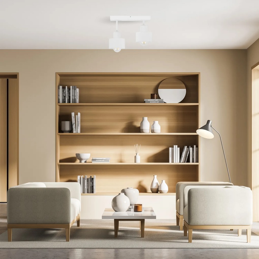 Biała lampa sufitowa, dwupunktowy spot DWE30x7WE z drewna i metalu E27