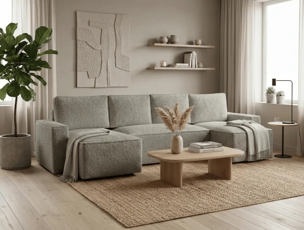 Rozkładana sofa narożna w kształcie U SMART BOUCLE 303x143 cm, szarobeżowa