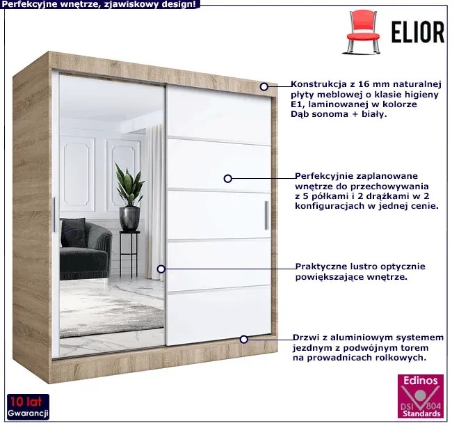 Szafa przesuwna 180 cm dąb sonoma + biały - Ebia 5X