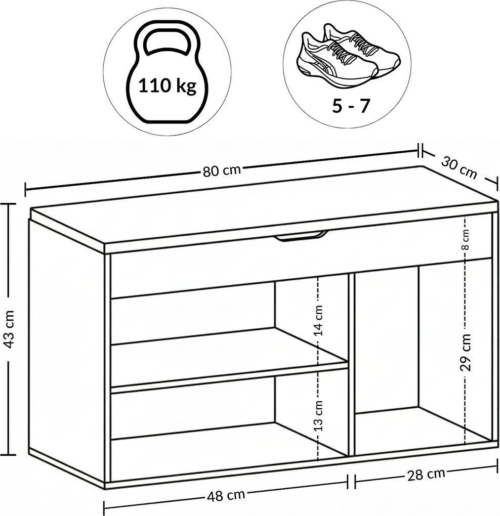 Szafka na buty z siedziskiem TRIA, 80 x 43 x 30 cm