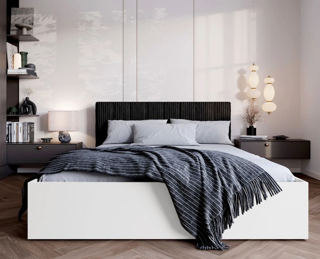 Białe łóżko z czarnym zagłówkiem sztruksowym 140x200 G9-N44