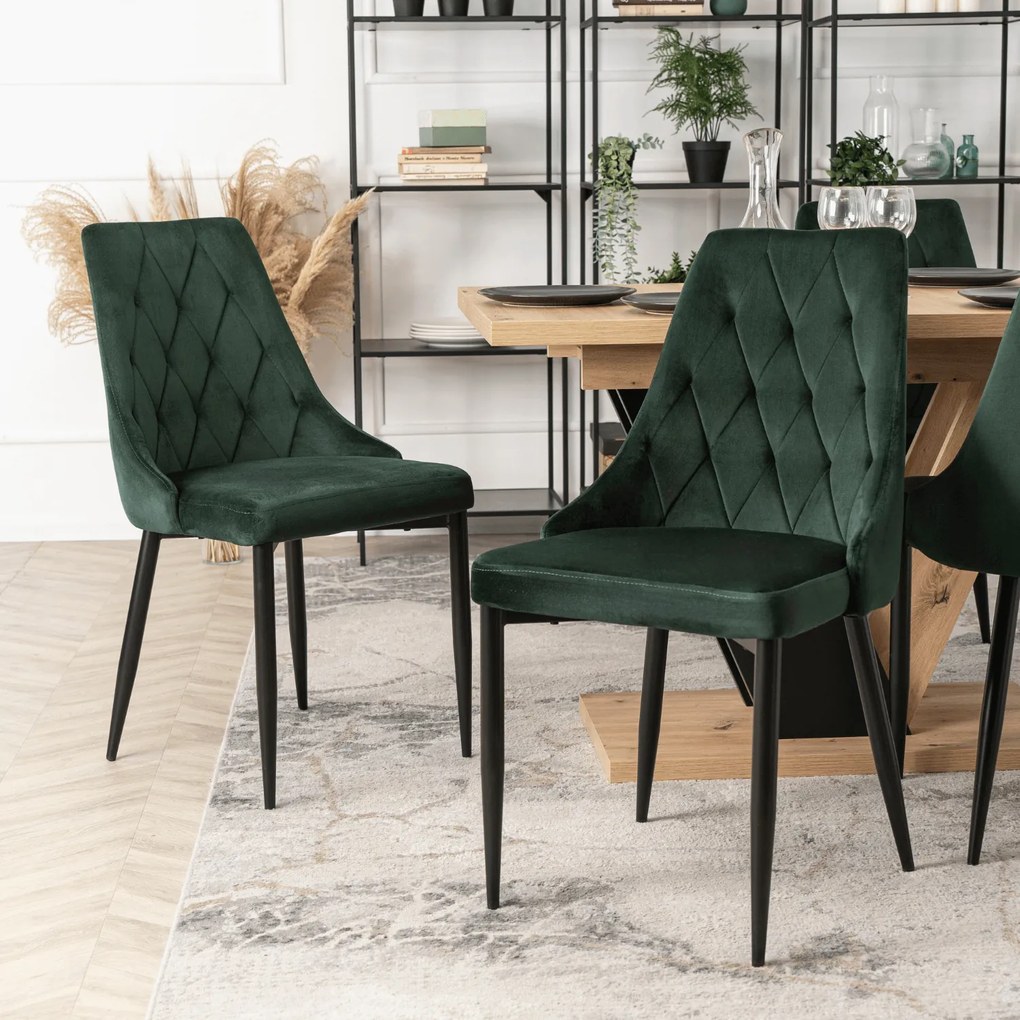 Zestaw Stół Prostokątny Rozkładany CLARK 120-160 cm Dąb Artisan/Czarny i 4 Krzesła Tapicerowane do Jadalni CORK Zielone Welurowe