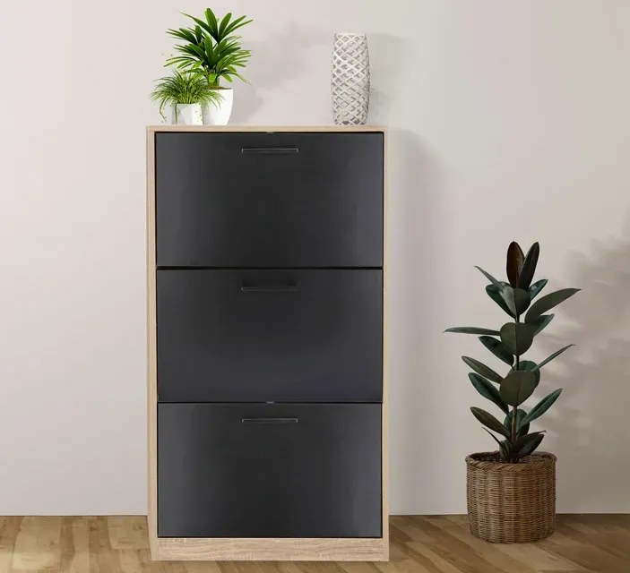 Nowoczesna wąska szafka na buty czarny + naturalny - Hilioks 4X