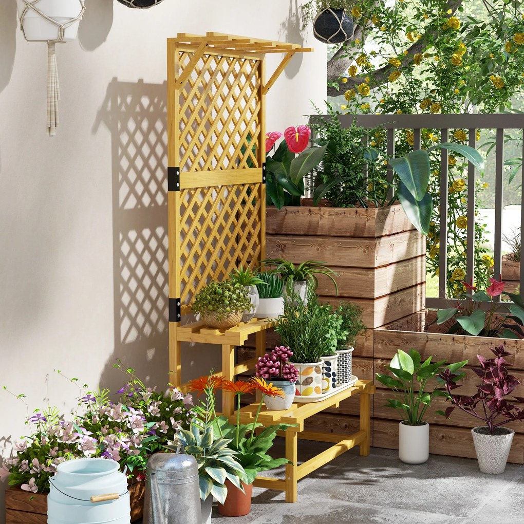 Outsunny Stojak na rośliny, półka na kwiaty, 2 poziomy, z kratką i daszkiem, drewno sosnowe, 75x50x166 cm, Żółty | Aosom PL