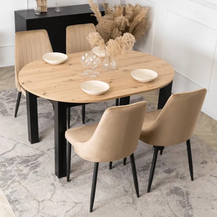 Zestaw Stół Okrągły Rozkładany HARRY 102-142 cm Dąb Artisan/Czarny i 4 Krzesła Tapicerowane BARI Beż Nowoczesne