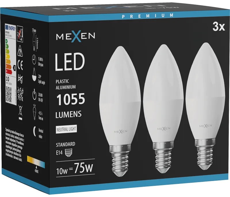 Mexen Nova 3x żarówka LED E14, C37, 10W, Neutralna - 4000K, 1055 lm - L102-E14-1040-01x03